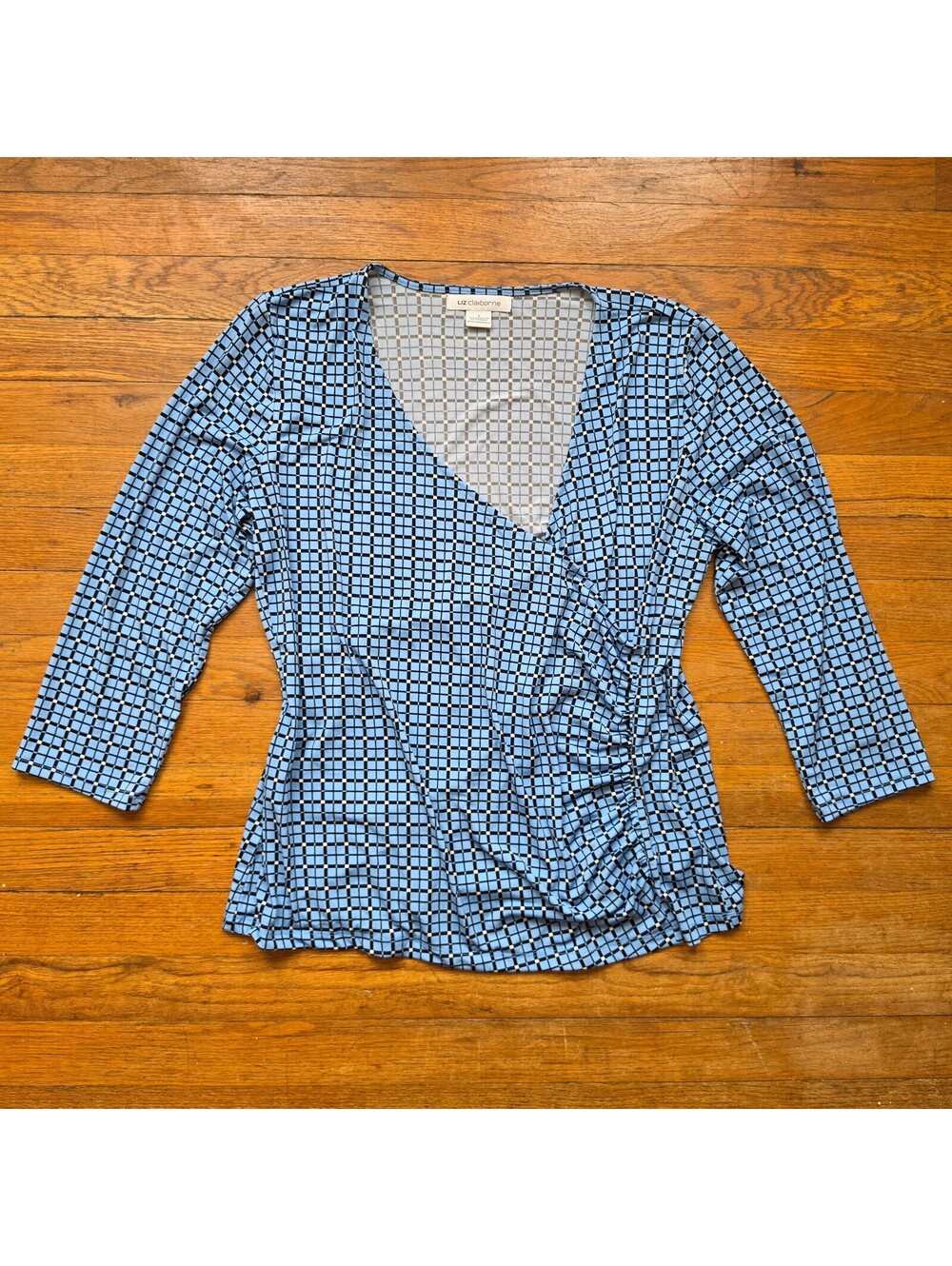 Liz Claiborne Women's Blue Geometric Pattern 3/4 Sleeve Top Size Large